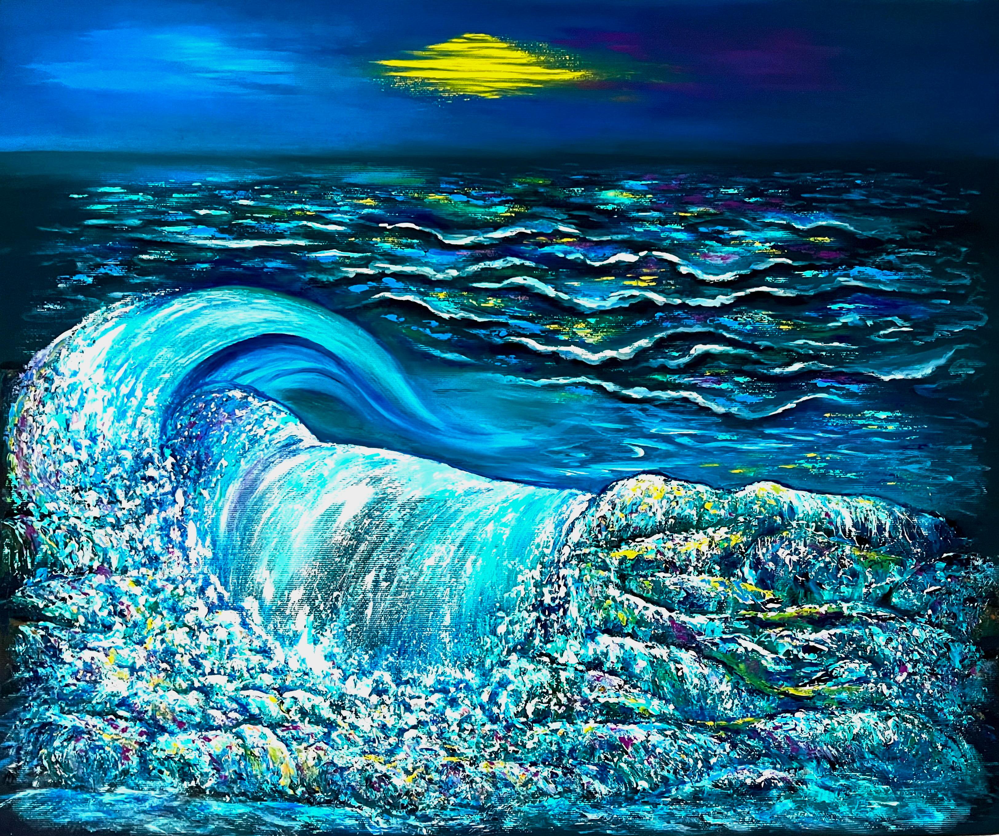 Vik Schroeder  Interior Painting -  Peaceful Evening. Oil painting, Impressionist style. Sea / Waves / Water/ Moon.