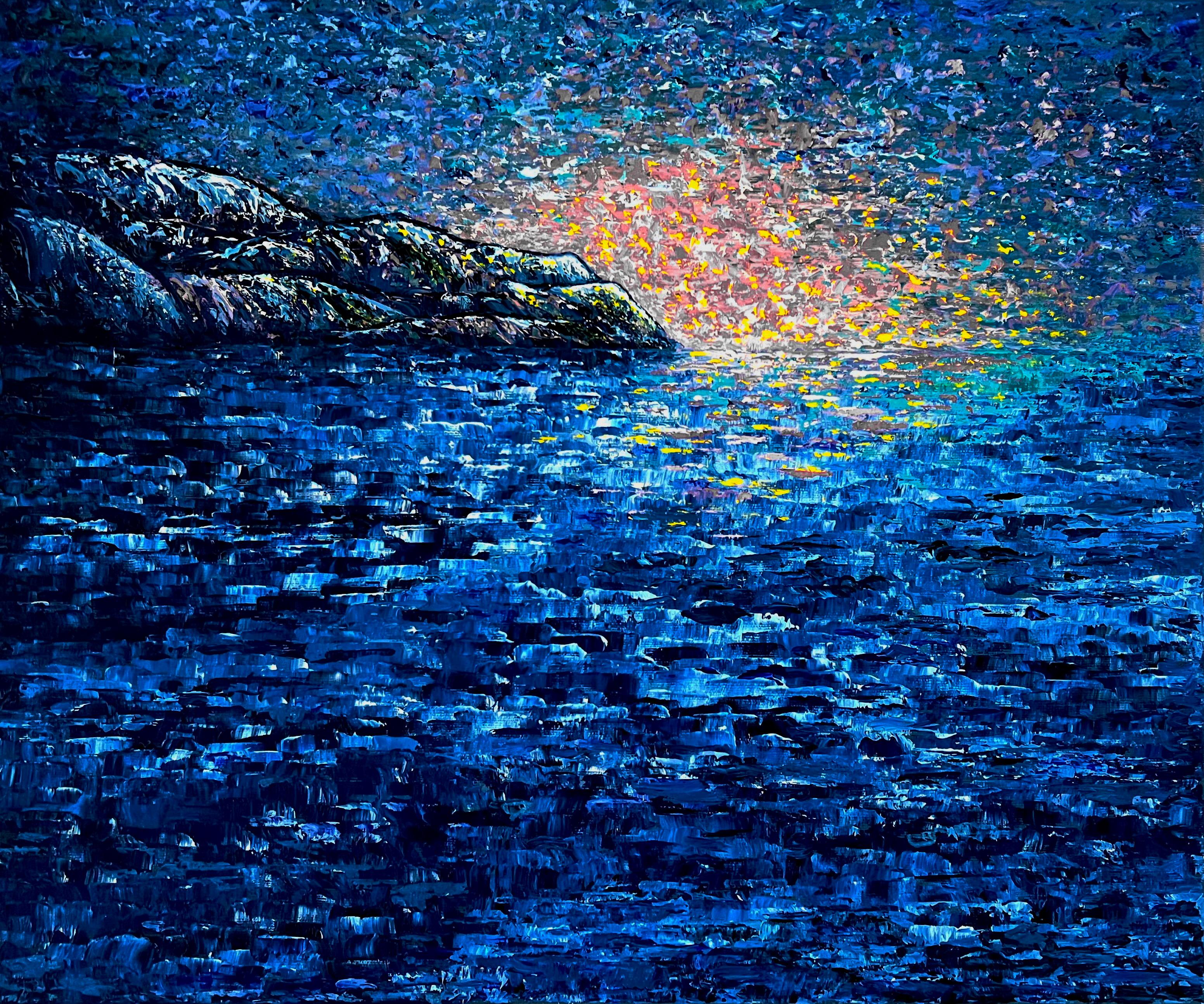  Friedlicher Sonnenaufgang. Original-Ölgemälde im Stil des Impressionismus.50/60 cm.