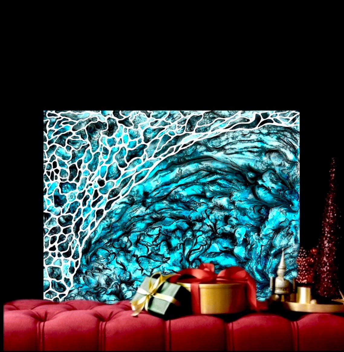   Das Gemälde stellt abstrakte Formen dar, die an Unterwasserlandschaften erinnern. Der Stil des Bildes kann als abstrakter Expressionismus beschrieben werden, bei dem die Formen und Farben die Emotionen und Eindrücke beim Betrachten der