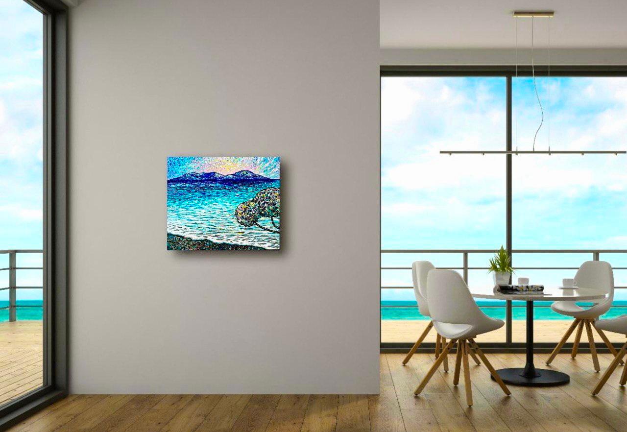      By the sea most people experience inexplicable sense of joy. We feel a surge of energy and a feeling of love in our souls. Therefore, creating this painting, I put into it the rainbow mood of the morning sun, rustling of sea stones, gentle