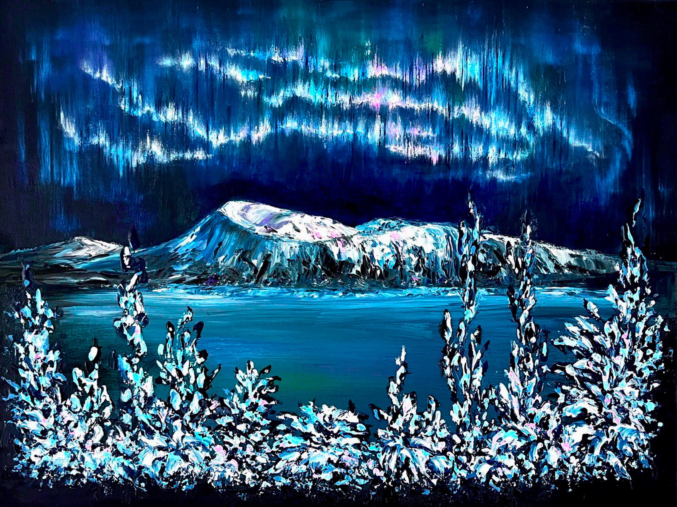 Vik Schroeder  Interior Painting - Silent Night / Impressionism / Winter, Snow, Sky. Northern Lights
