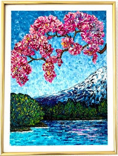 Impressione di primavera vicino al Monte Fuji / pittura a olio a impasto, fioritura di sakura.