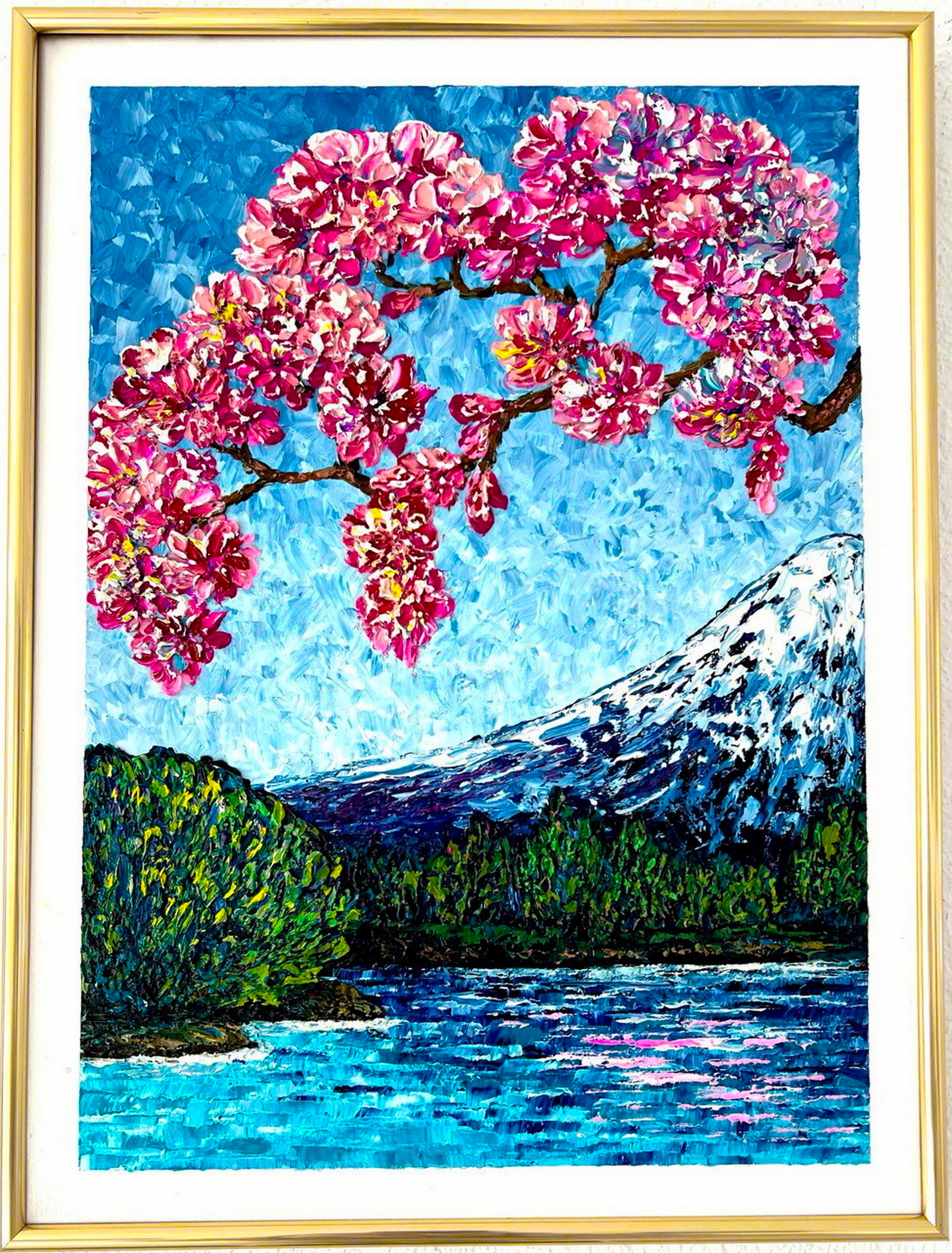 Vik Schroeder  Landscape Painting - Spring Impression near Mount Fuji / oil impasto painting, Sakura bloom.