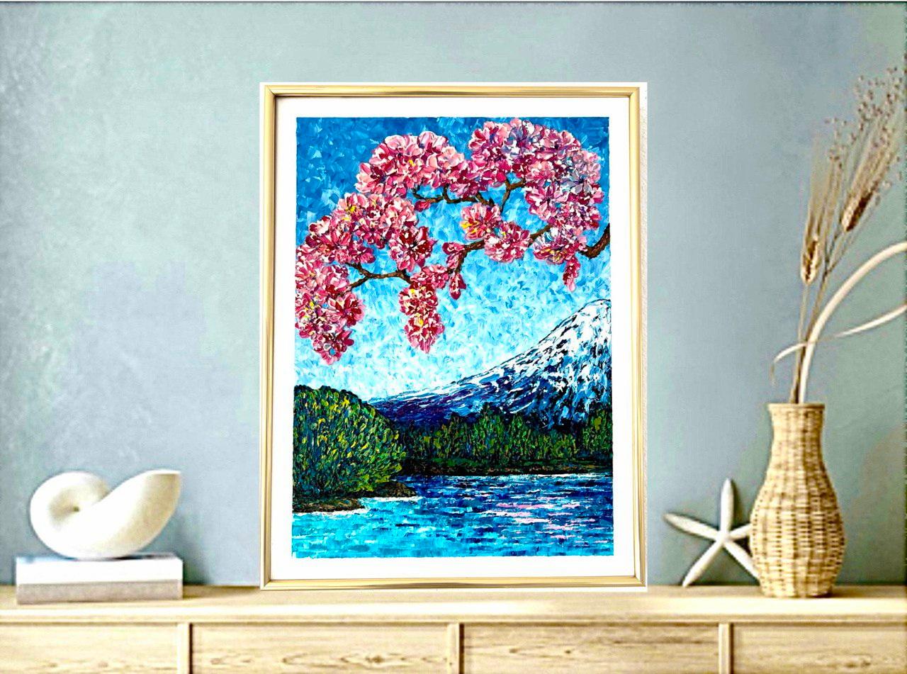 Impresión primaveral cerca del monte Fuji / pintura al óleo empastada, Sakura en flor. en venta 5