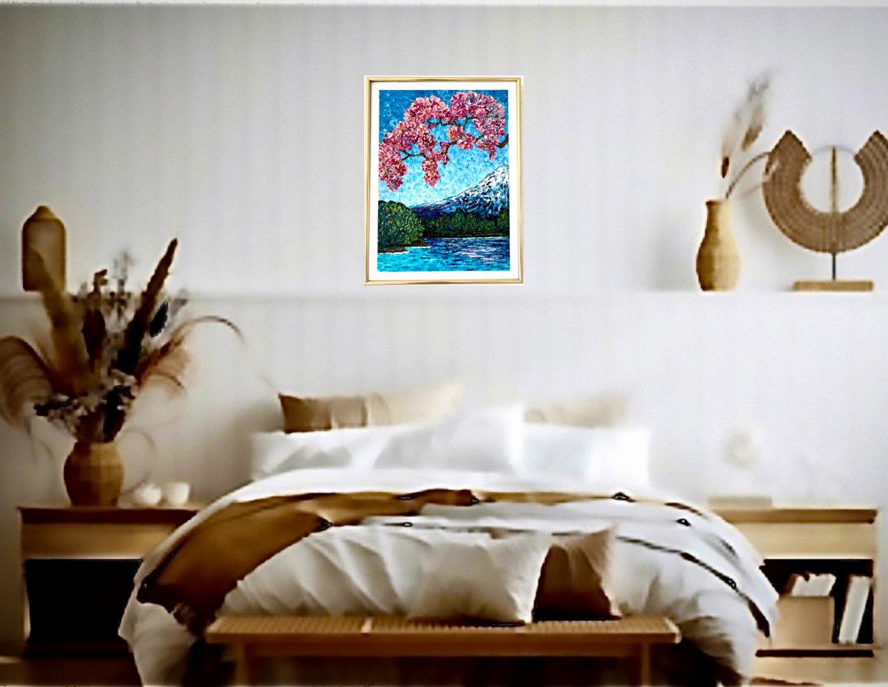 Impresión primaveral cerca del monte Fuji / pintura al óleo empastada, Sakura en flor. en venta 6