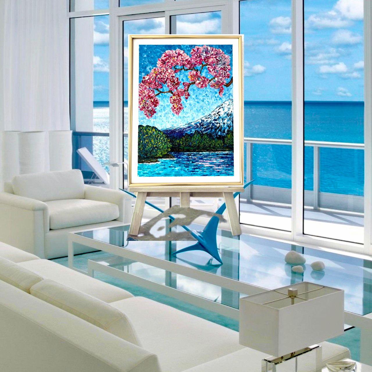 Impresión primaveral cerca del monte Fuji / pintura al óleo empastada, Sakura en flor. en venta 7