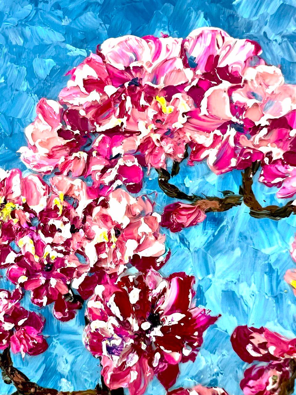 Impresión primaveral cerca del monte Fuji / pintura al óleo empastada, Sakura en flor. en venta 1