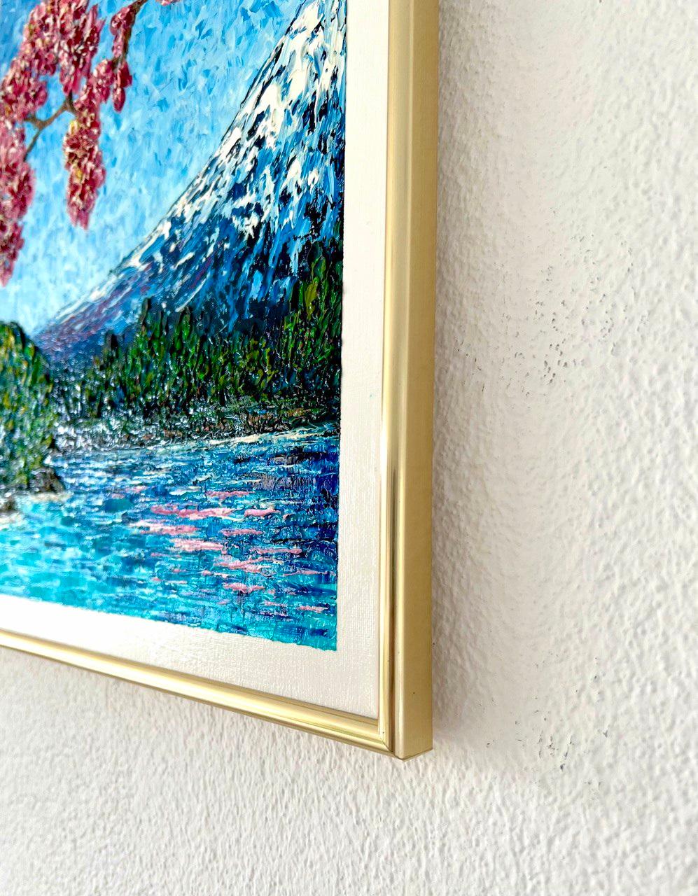 Impresión primaveral cerca del monte Fuji / pintura al óleo empastada, Sakura en flor. en venta 3