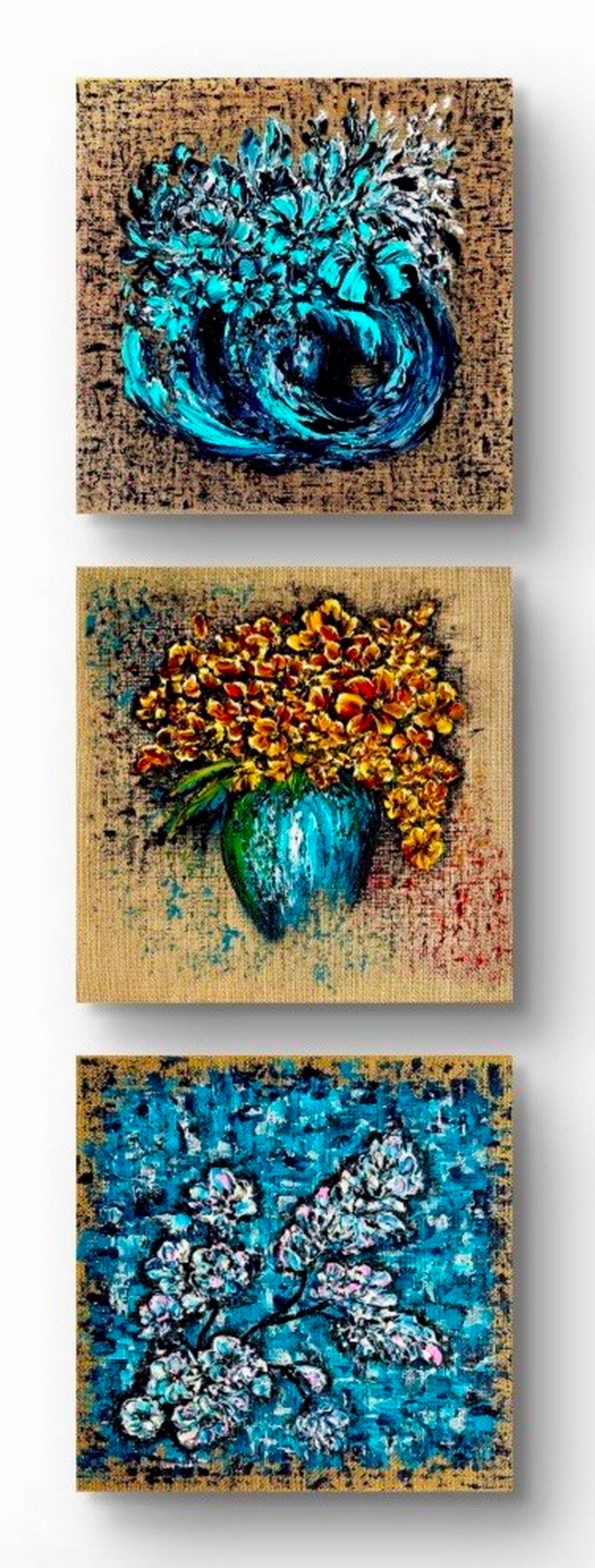 Triptych "Melodies of the Day"/ Floral 3d impasto painting / abstract moody art-
