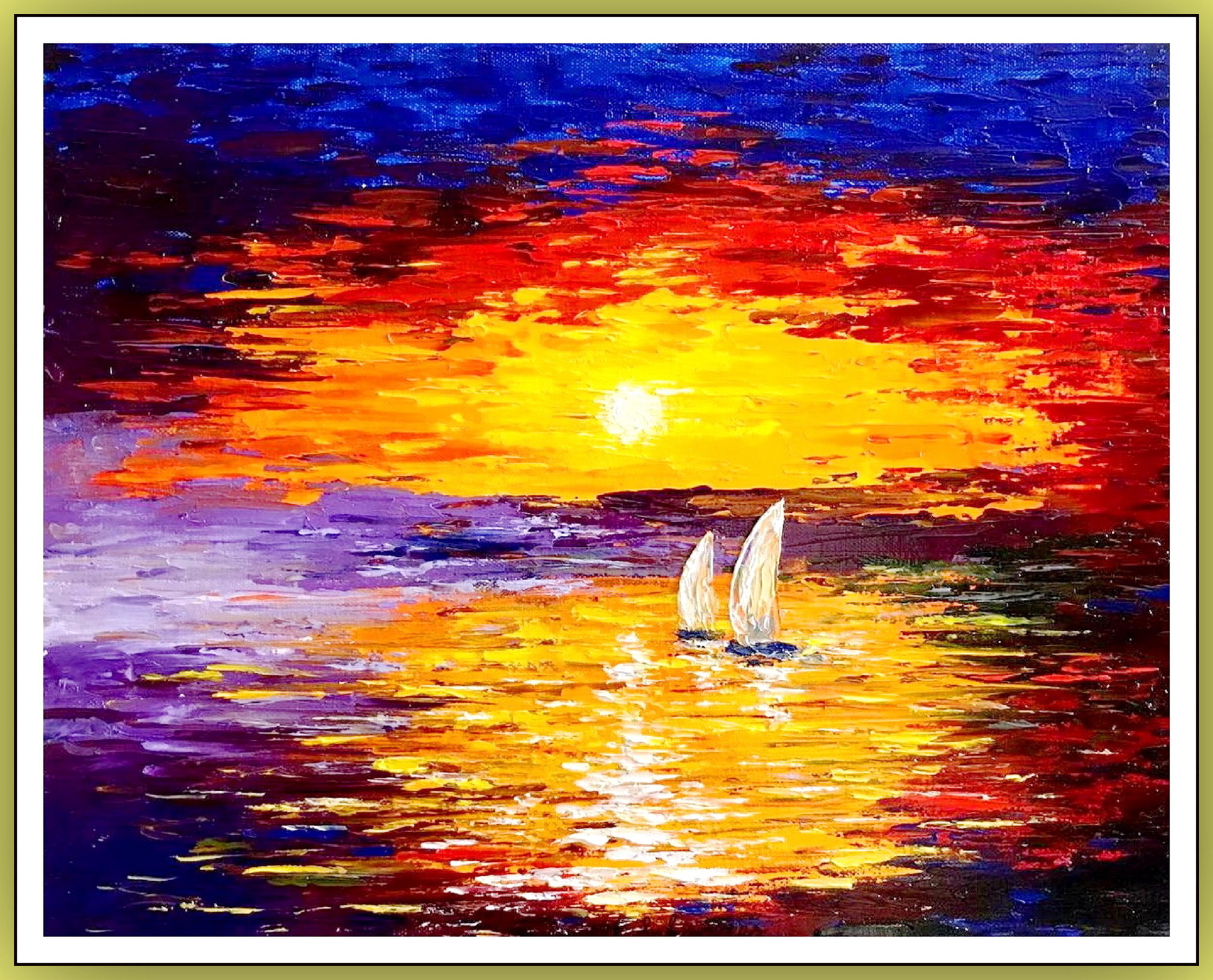 Triptyque « THE BEAUTY OF SUNset » Peinture à l'huile / Impressionnisme / Mer, soleil en vente 6