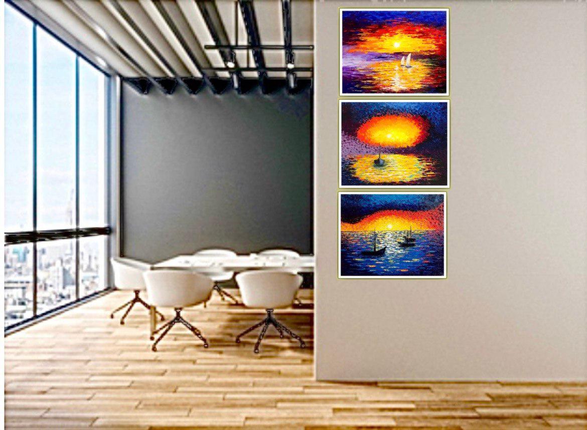 Triptychon „THE BEAUTY OF SUNSET“. Оil Impasto Malerei / Impressionismus / Meer, Sonne