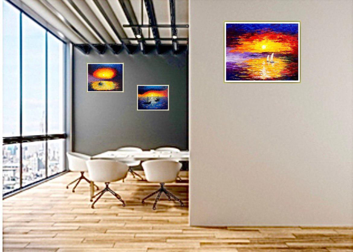       In this passionate trio of oil paintings, I've channeled the raw energy and vibrant hues of the setting sun over the water. The bold brushstrokes and electric colors of fauvism meet the atmospheric beauty of impressionism, creating a dance of