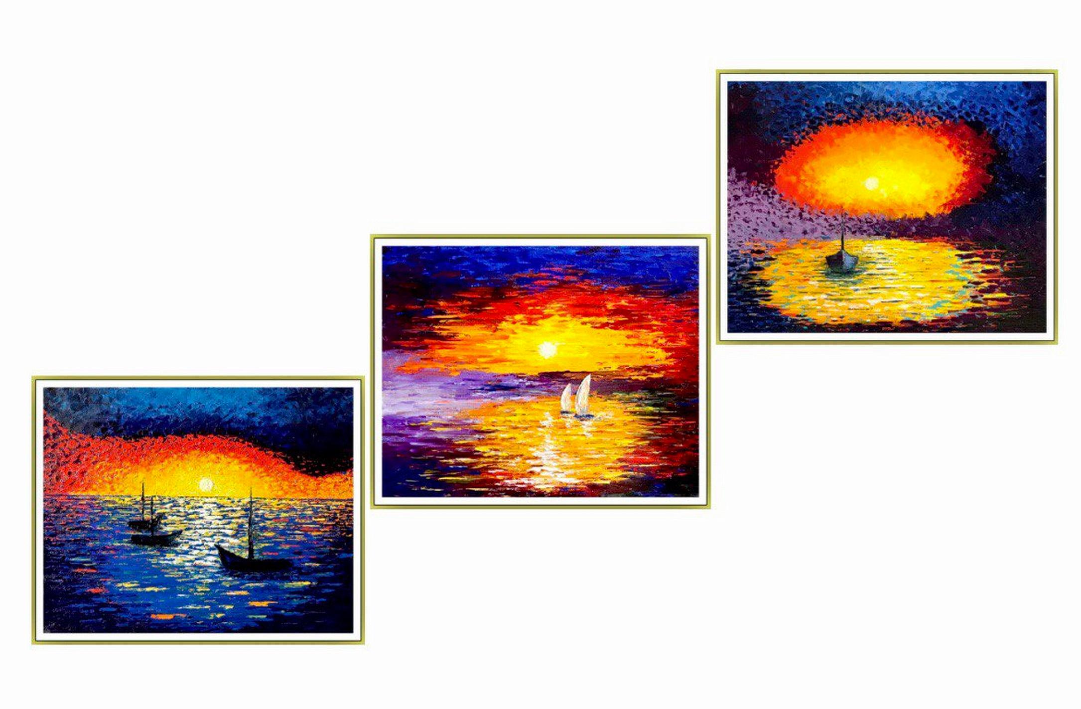 Triptych "THE BEAUTY OF SUNSET". Оil impasto painting / Impressionism / Sea, Sun