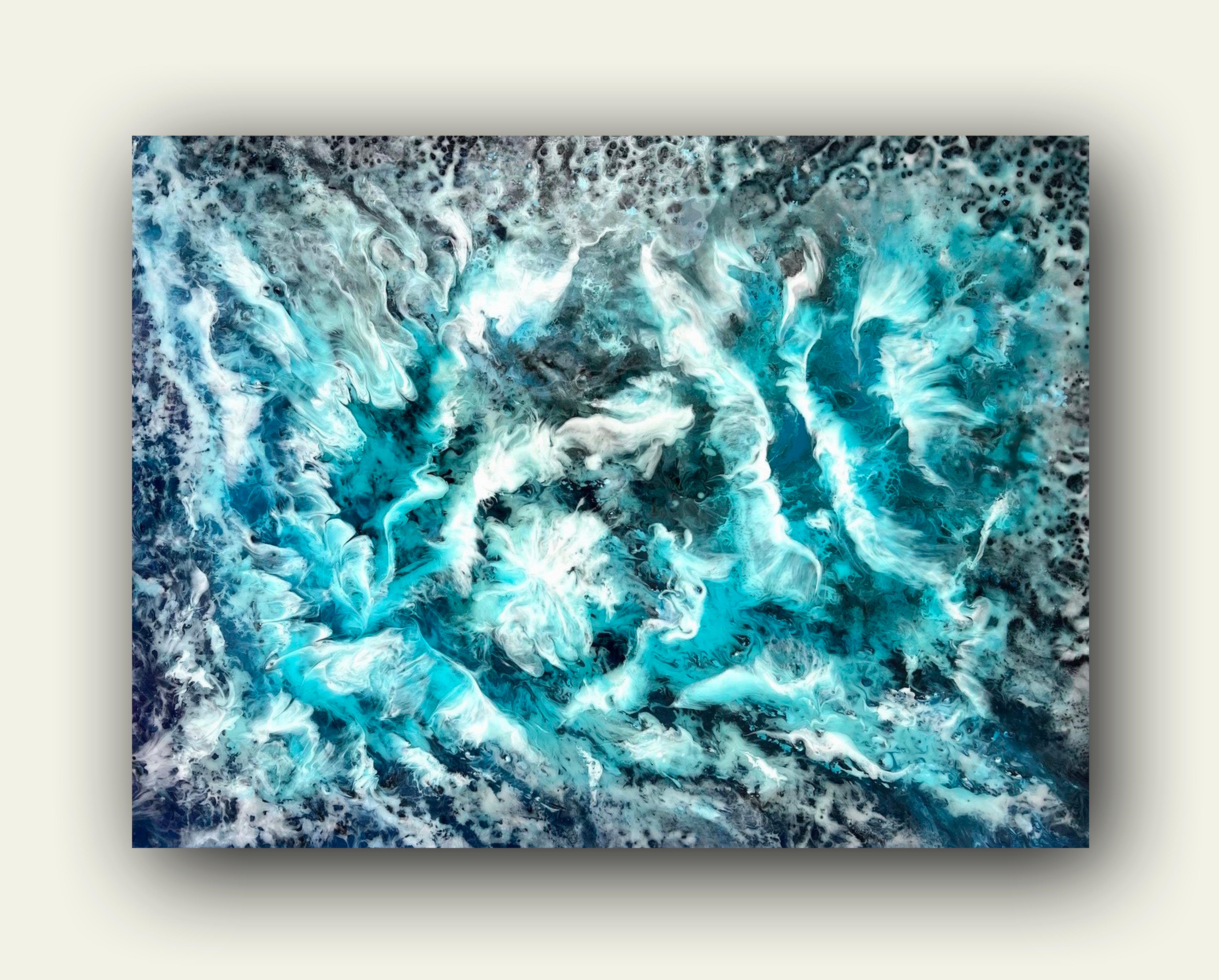 Wasser- und Himmel tanzend. Abstraktes Interieur-Gemälde. Wolken im blauen Ozean. im Angebot 11