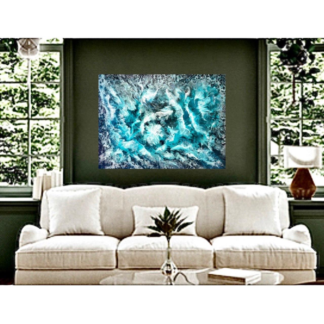 Water and Sky dancing. Interior Abstract painting. Clouds in the blue ocean. For Sale 3