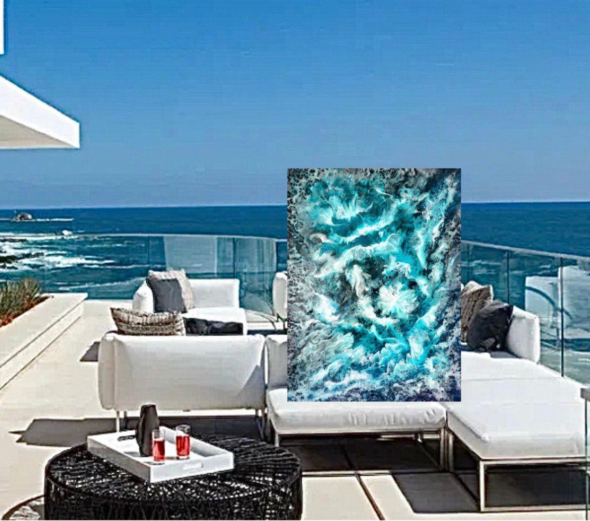 Wasser- und Himmel tanzend. Abstraktes Interieur-Gemälde. Wolken im blauen Ozean. im Angebot 12