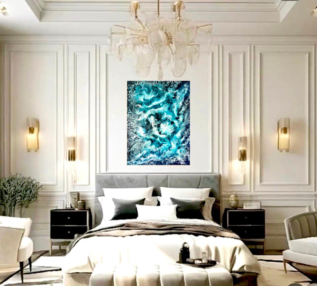 Water and Sky dancing. Interior Abstract painting. Clouds in the blue ocean.