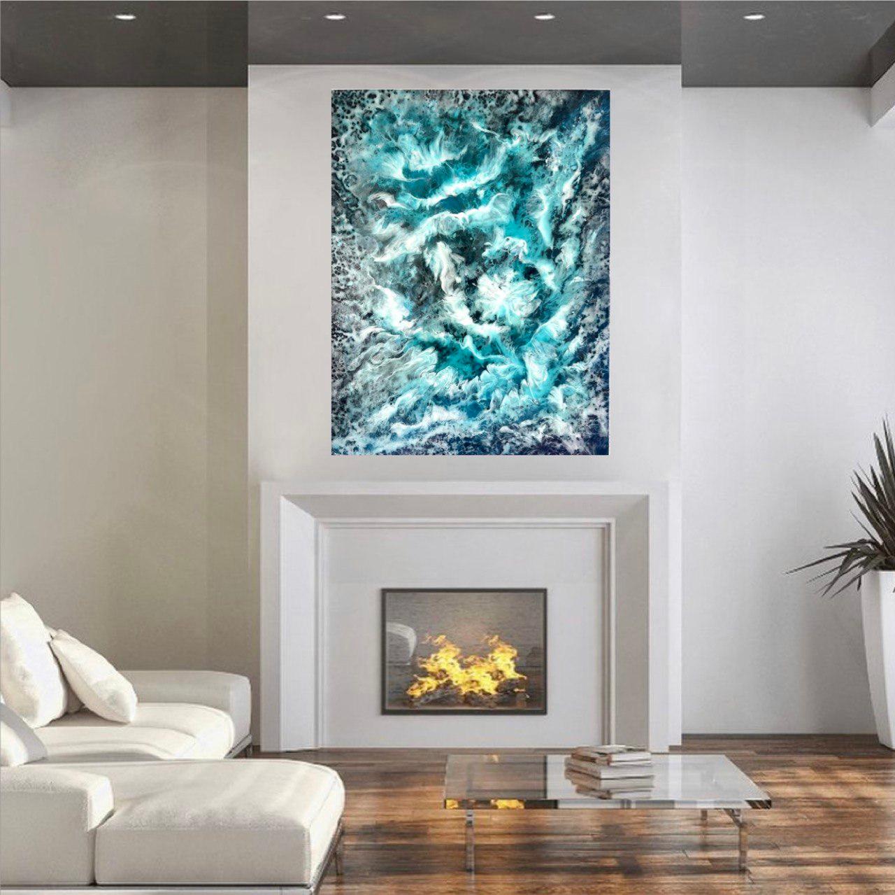 Water and Sky dancing. Interior Abstract painting. Clouds in the blue ocean. For Sale 9