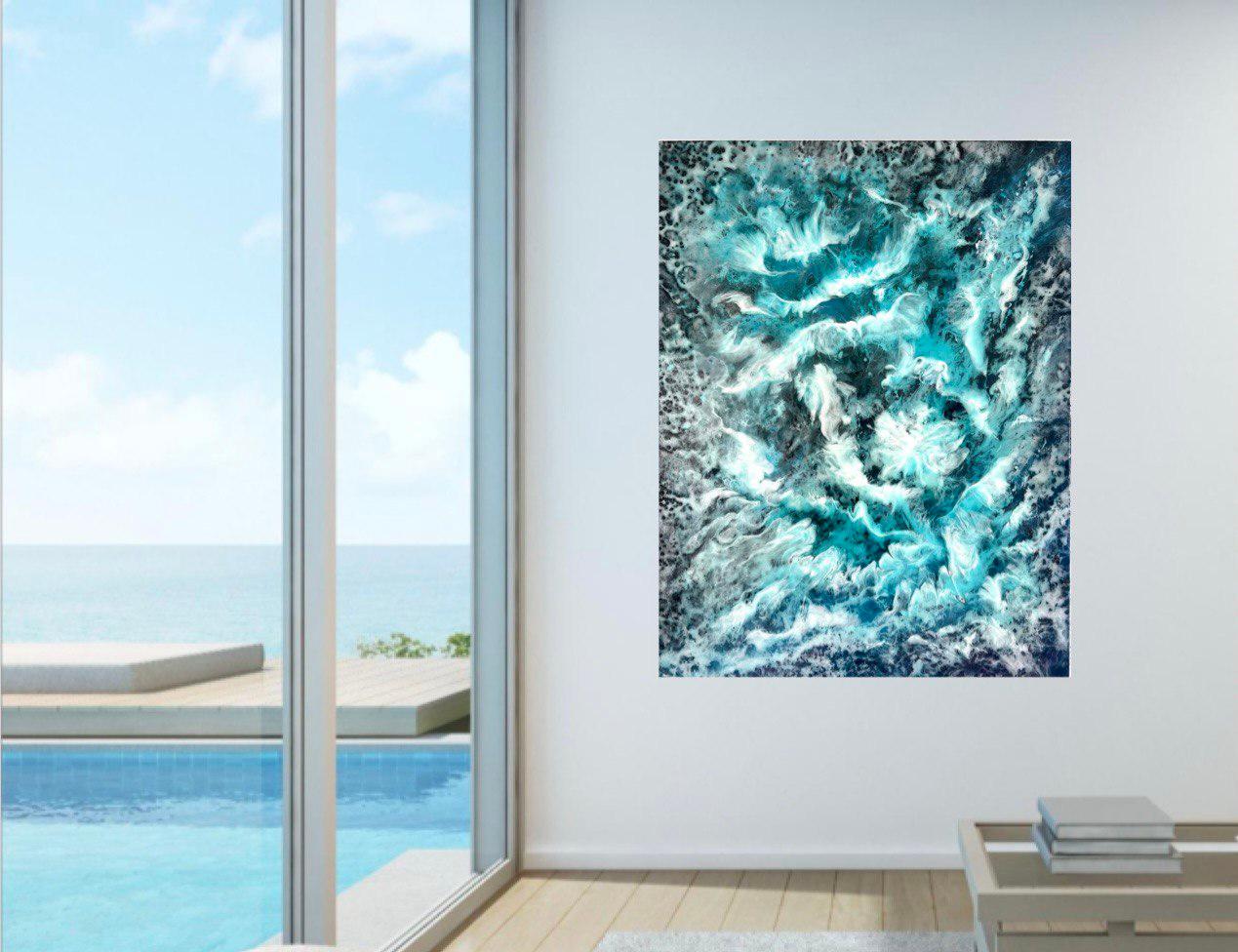 Water and Sky dancing. Interior Abstract painting. Clouds in the blue ocean. For Sale 2