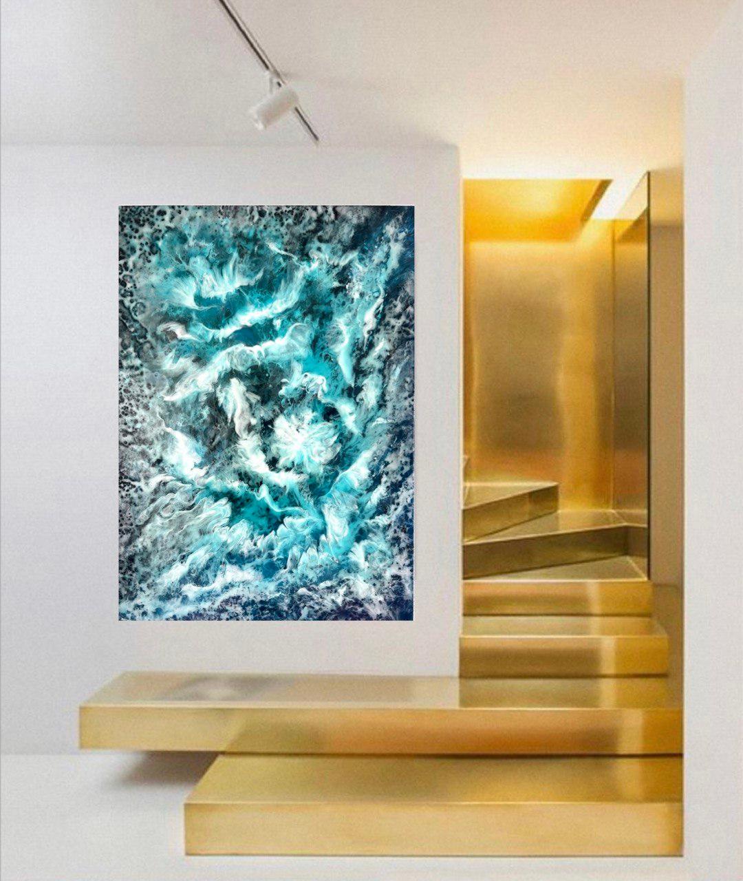 Wasser- und Himmel tanzend. Abstraktes Interieur-Gemälde. Wolken im blauen Ozean. im Angebot 1