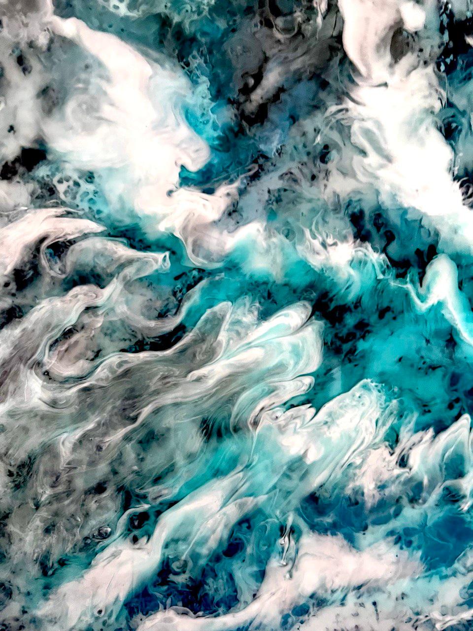 Wasser- und Himmel tanzend. Abstraktes Interieur-Gemälde. Wolken im blauen Ozean. im Angebot 4