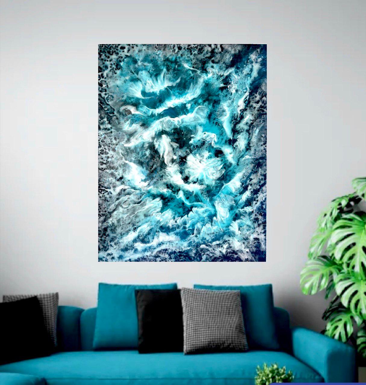 Water and Sky dancing. Interior Abstract painting. Clouds in the blue ocean. For Sale 5