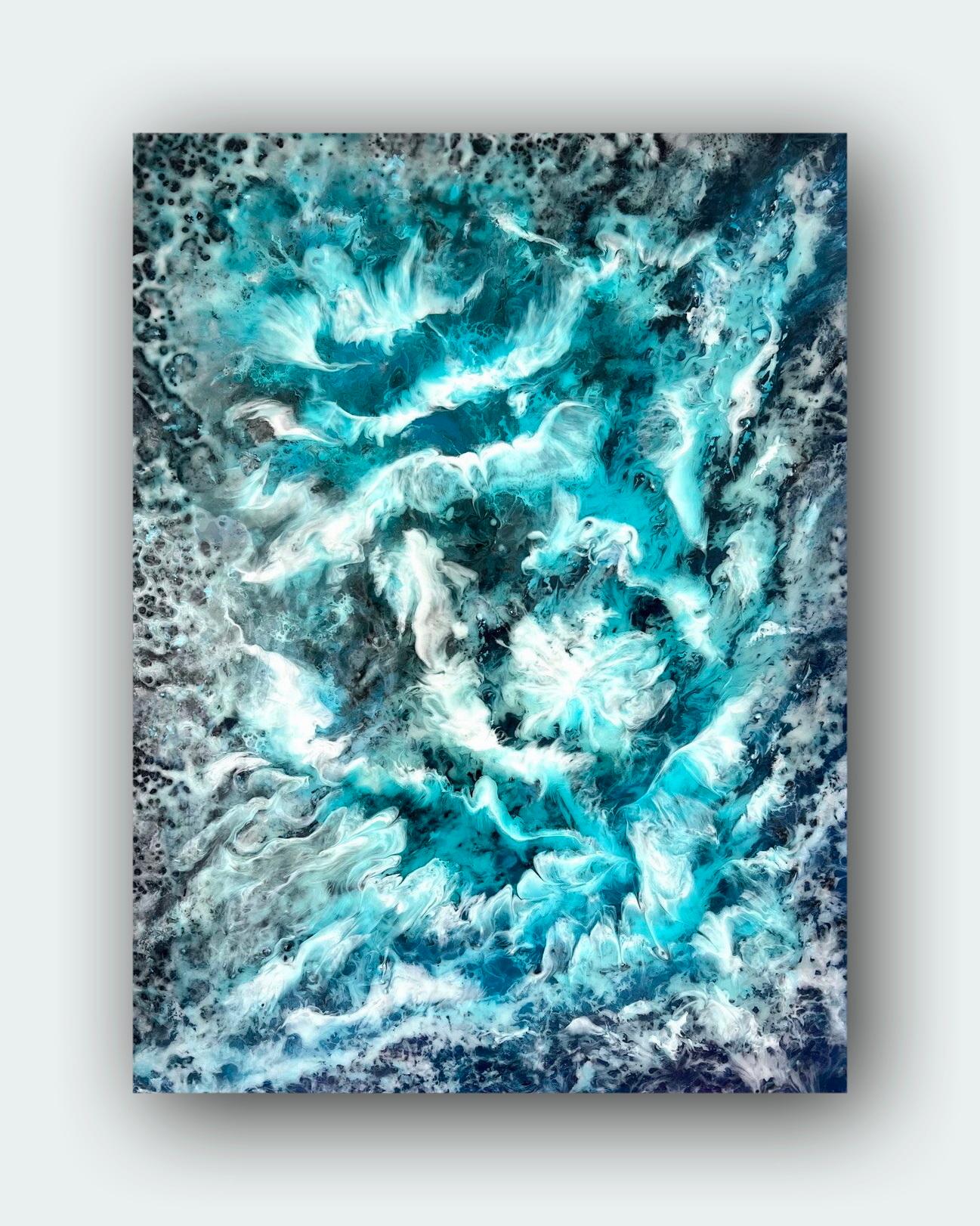 Water and Sky dancing. Interior Abstract painting. Clouds in the blue ocean. For Sale 7