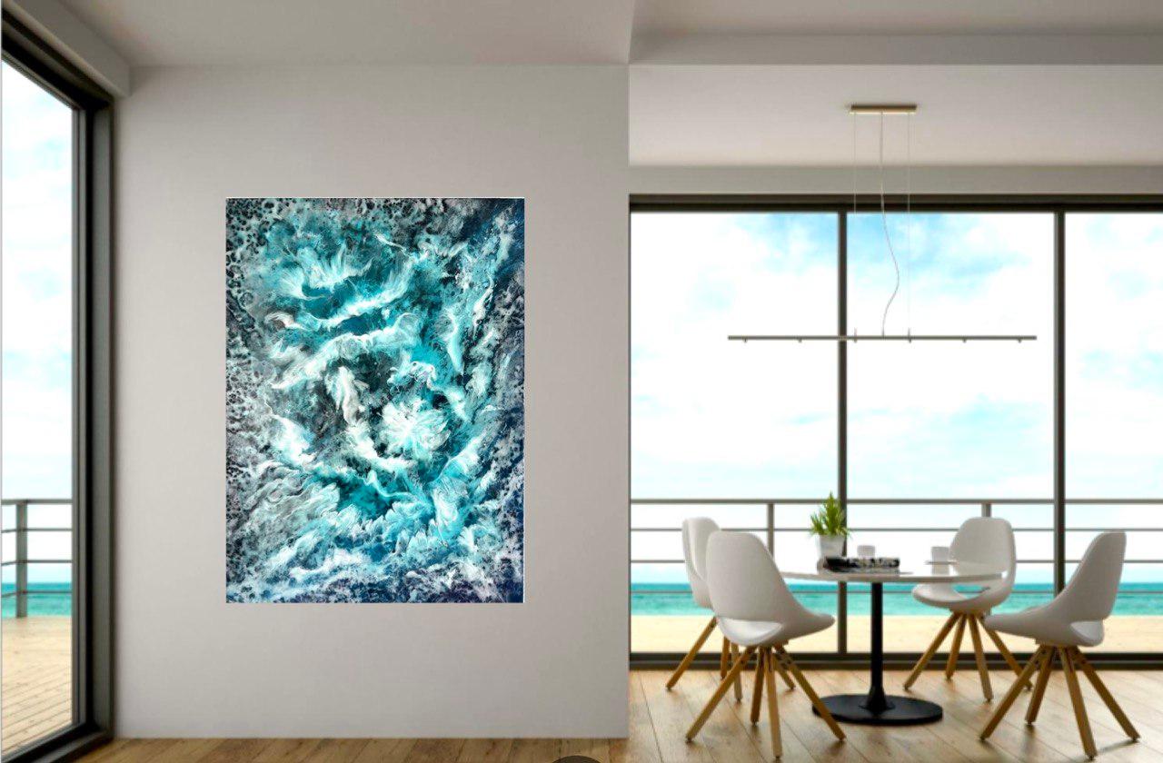    This beautiful and gentle blue painting heals the space and radiates the love of our Creator.
Psychologists believe that the blue palette has a beneficial effect on the human psyche, promotes the development of imagination and good
