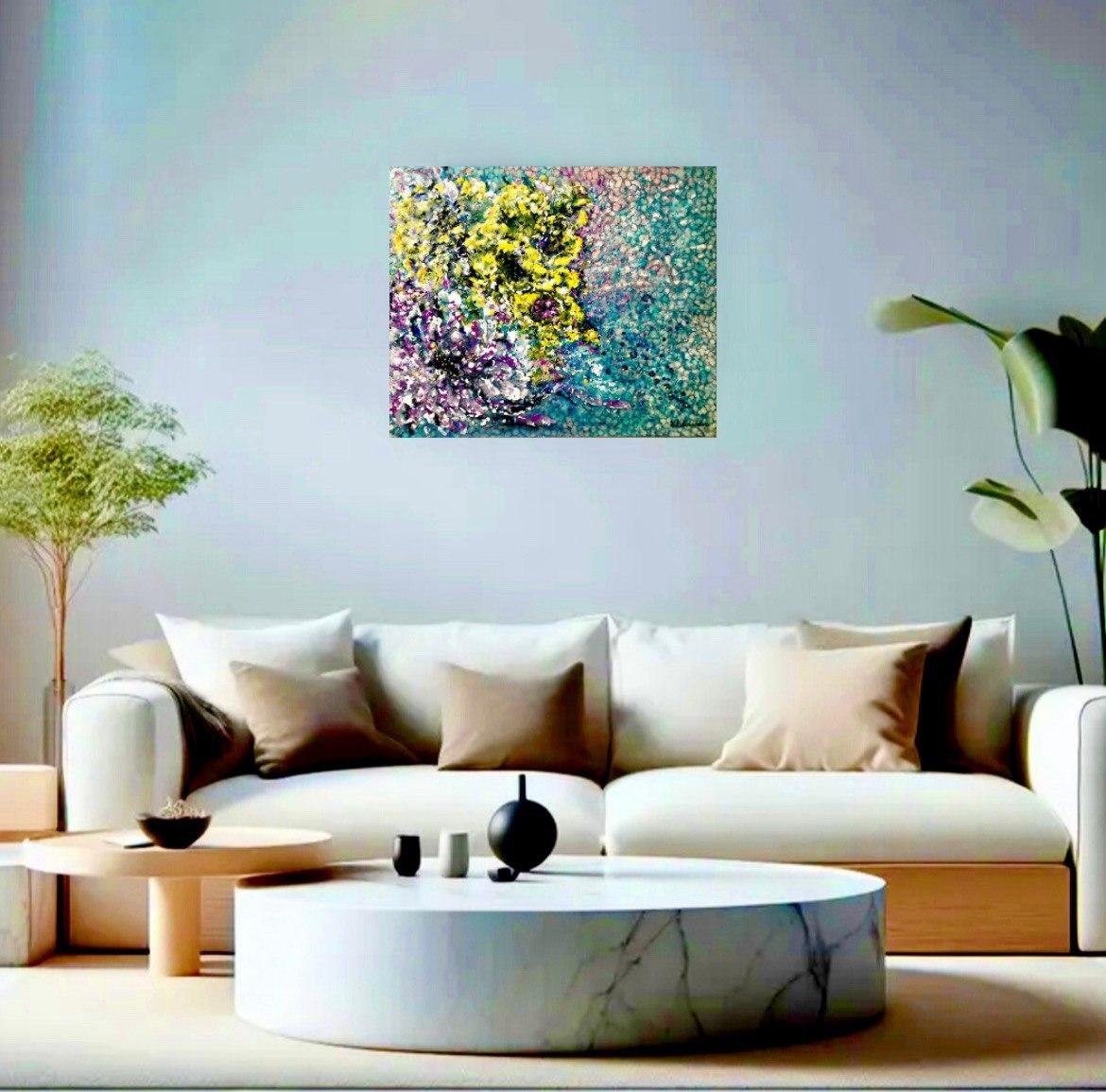 Water Flowers. Encaustic (hot wax) Impressionism. Sea / Flora / Abstract  - Painting by Vik Schroeder 