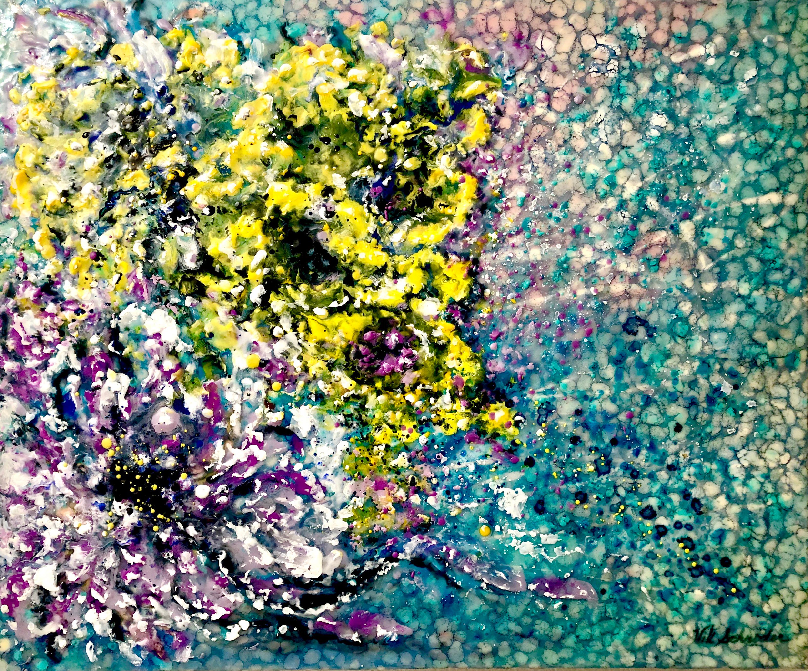 Fleurs d'eau. À l'encaustique ( cire chaude), impressionnisme. Mer / Flore / Abstrait 