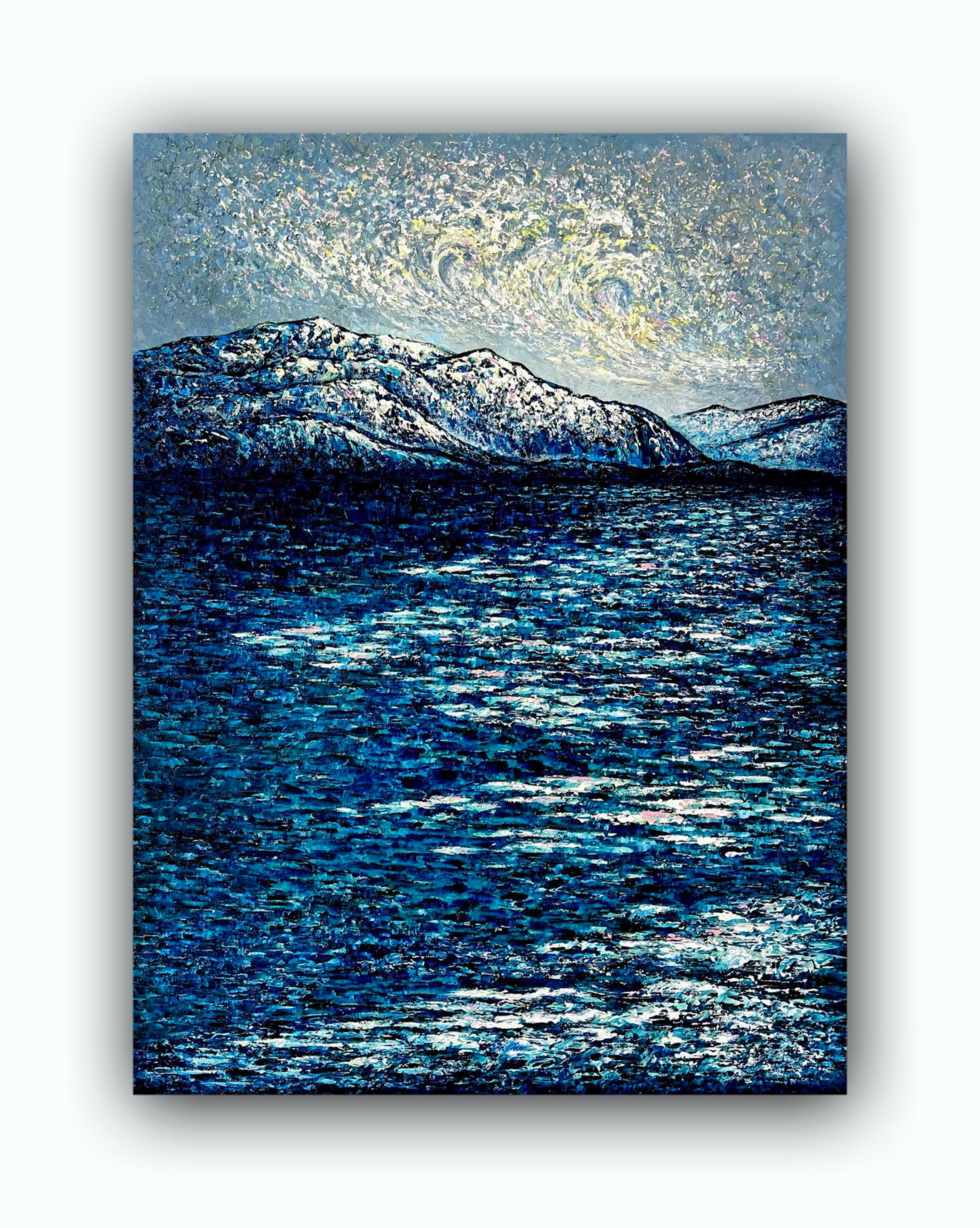 Waves in the sky over Thunersee / Impasto fine art. Style impressionniste. en vente 5