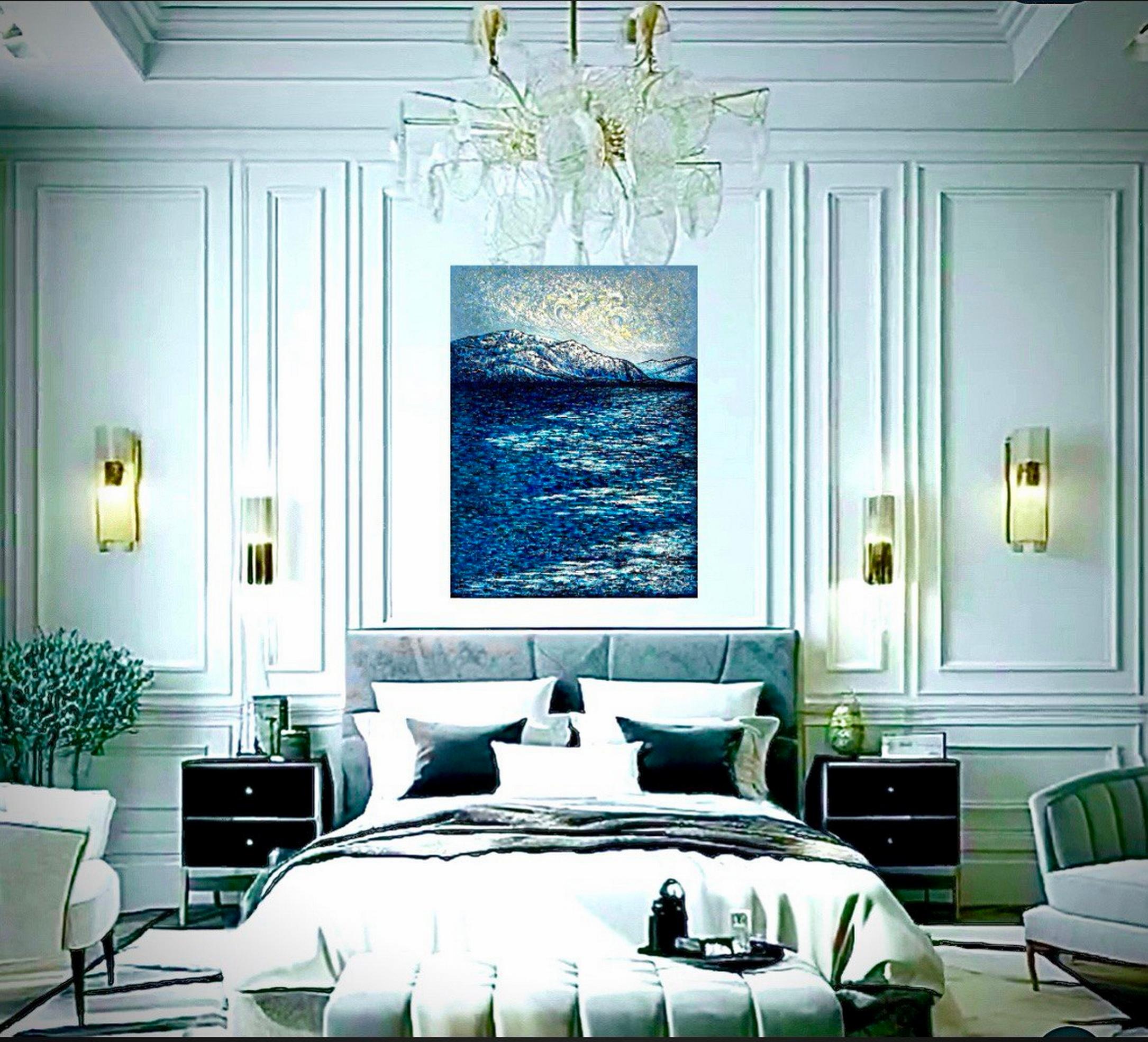 Waves in the sky over Thunersee / Impasto fine art. Style impressionniste. en vente 2
