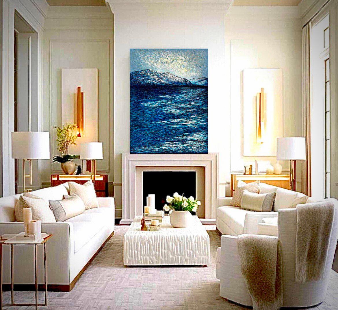 Waves in the sky over Thunersee / Impasto fine art. Style impressionniste. en vente 3
