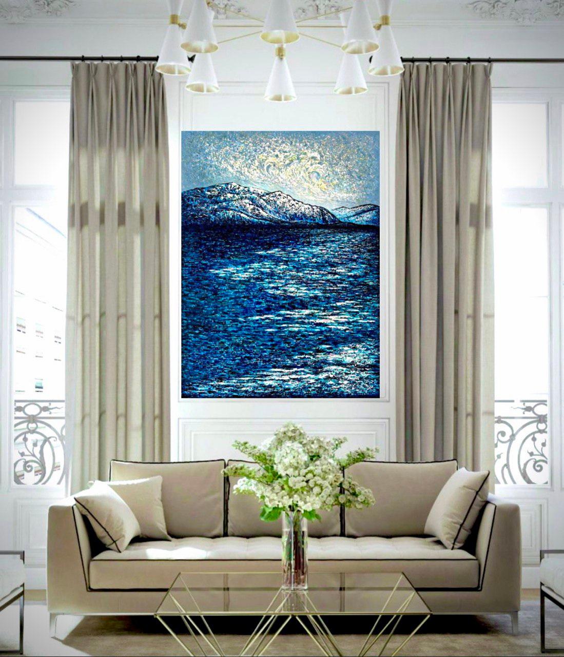 Waves in the sky over Thunersee / Impasto fine art. Style impressionniste. en vente 4