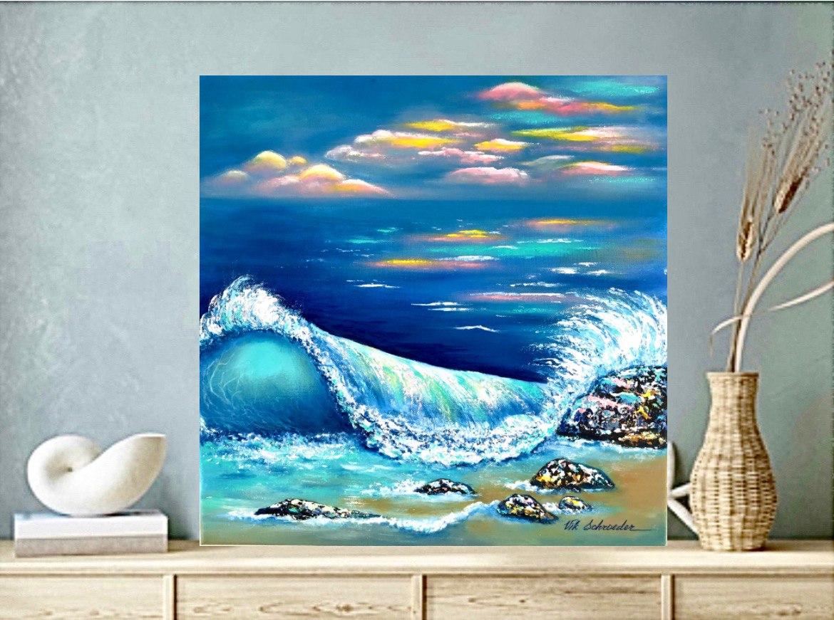 Wenn das Meer mit dem Himmel verschmilzt. Impressionismus Ölgemälde / Welle / Geschenkkunst. im Angebot 2