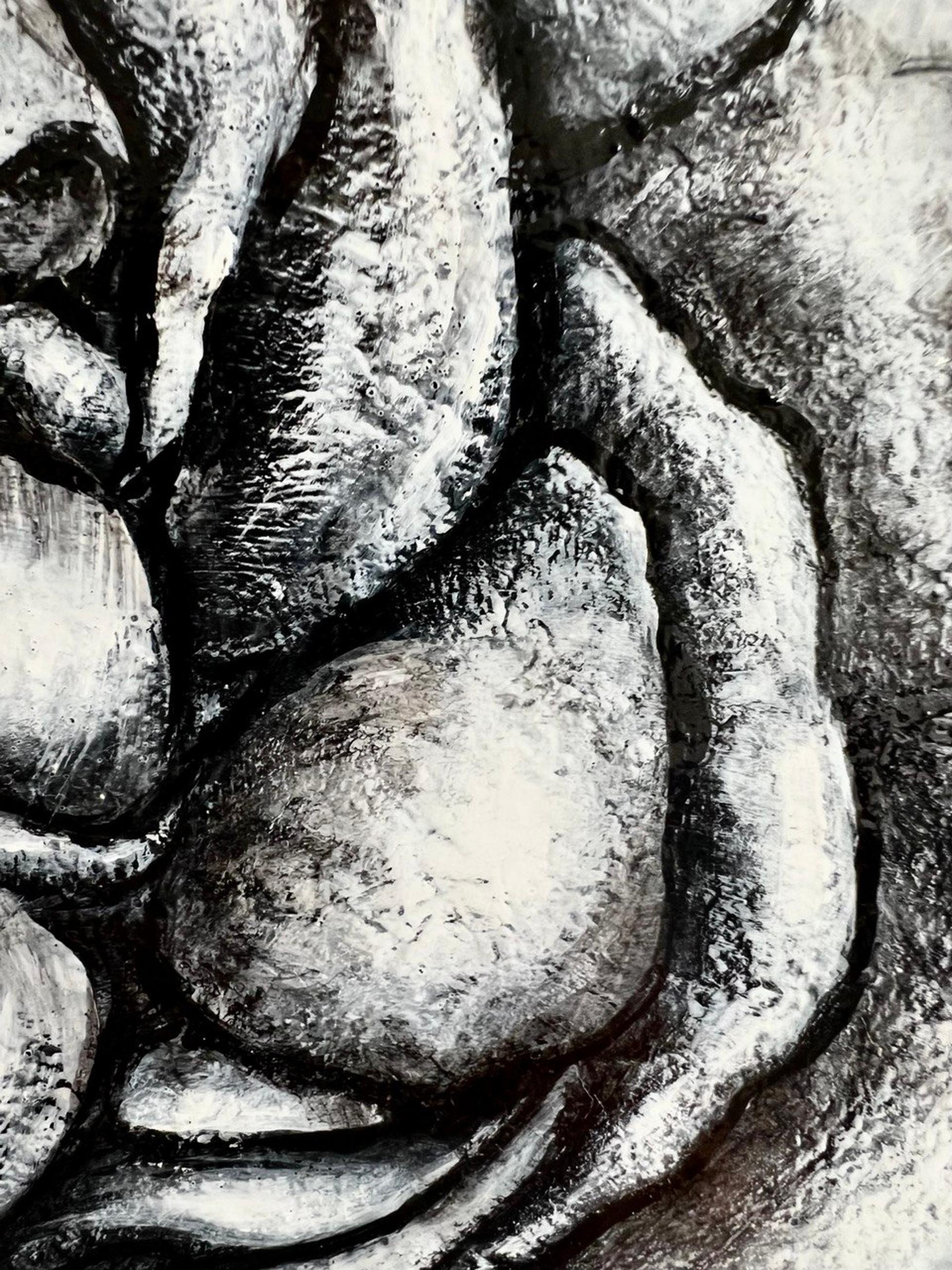   Diese Kreation erforscht das delikate Zusammenspiel von Licht und Schatten mit Acryl und schafft Texturen, die vor Leben pulsieren. Diese Mischung nähert sich dem Expressionismus und halb-abstrakten Formen. Dieses Kunstwerk ist eine emotionale