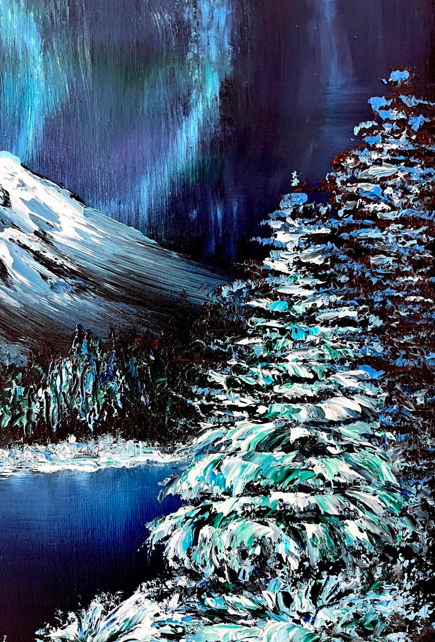 Fiaba d'inverno / Impressionismo / Olio / Inverno, neve, cielo, aurora boreale. in vendita 1