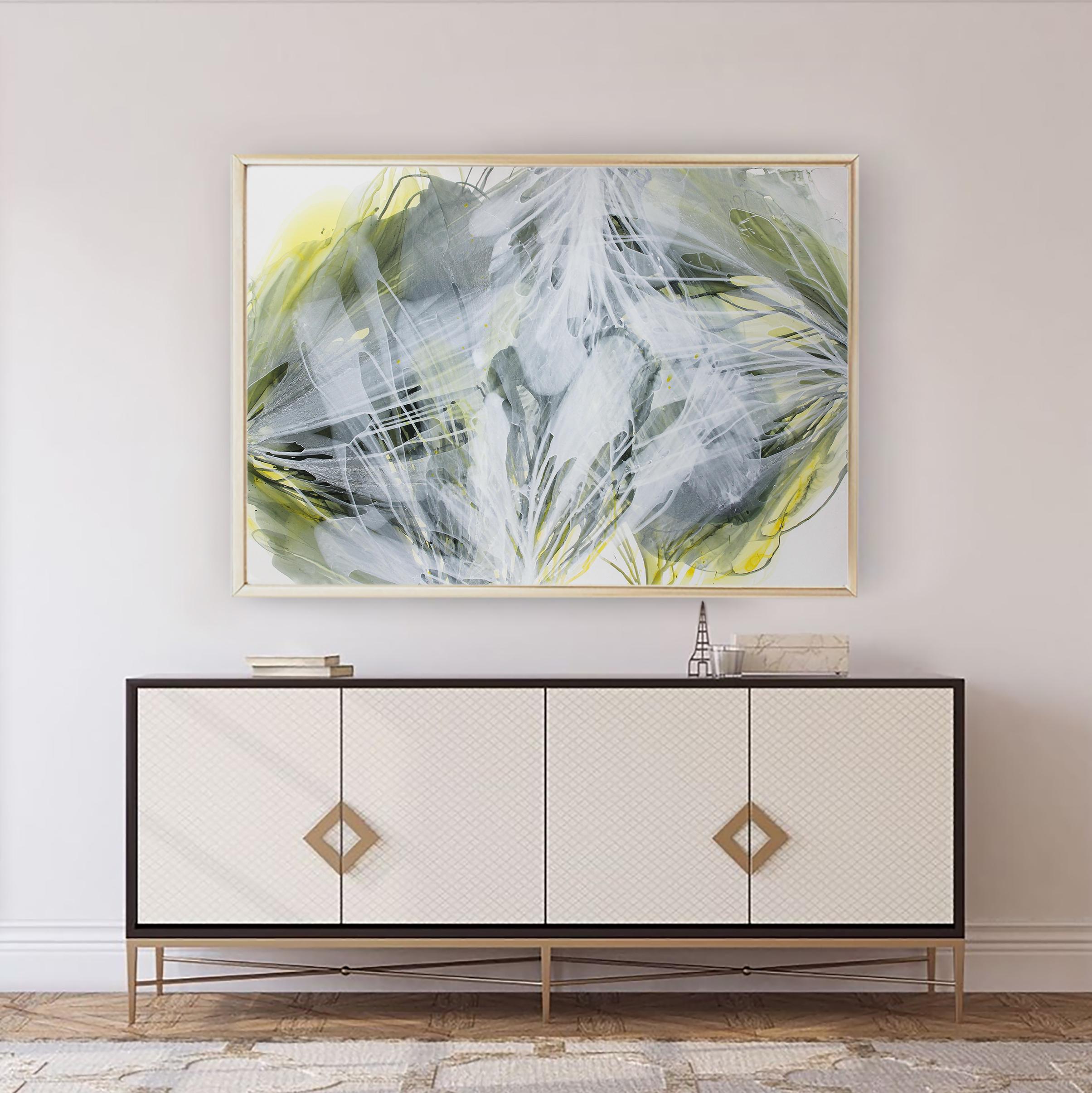 Greenery Floral Abstraction, acylic painting on synthetic paper - Gray Abstract Painting by Vika Flartina (Viktoriia Epifanova)