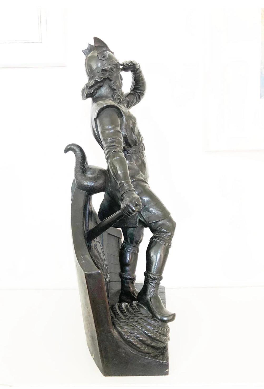 Early 20th Century Viking at Stern Bronze Sculpture by Carl-Johan Dyfvermans, Antiques  For Sale
