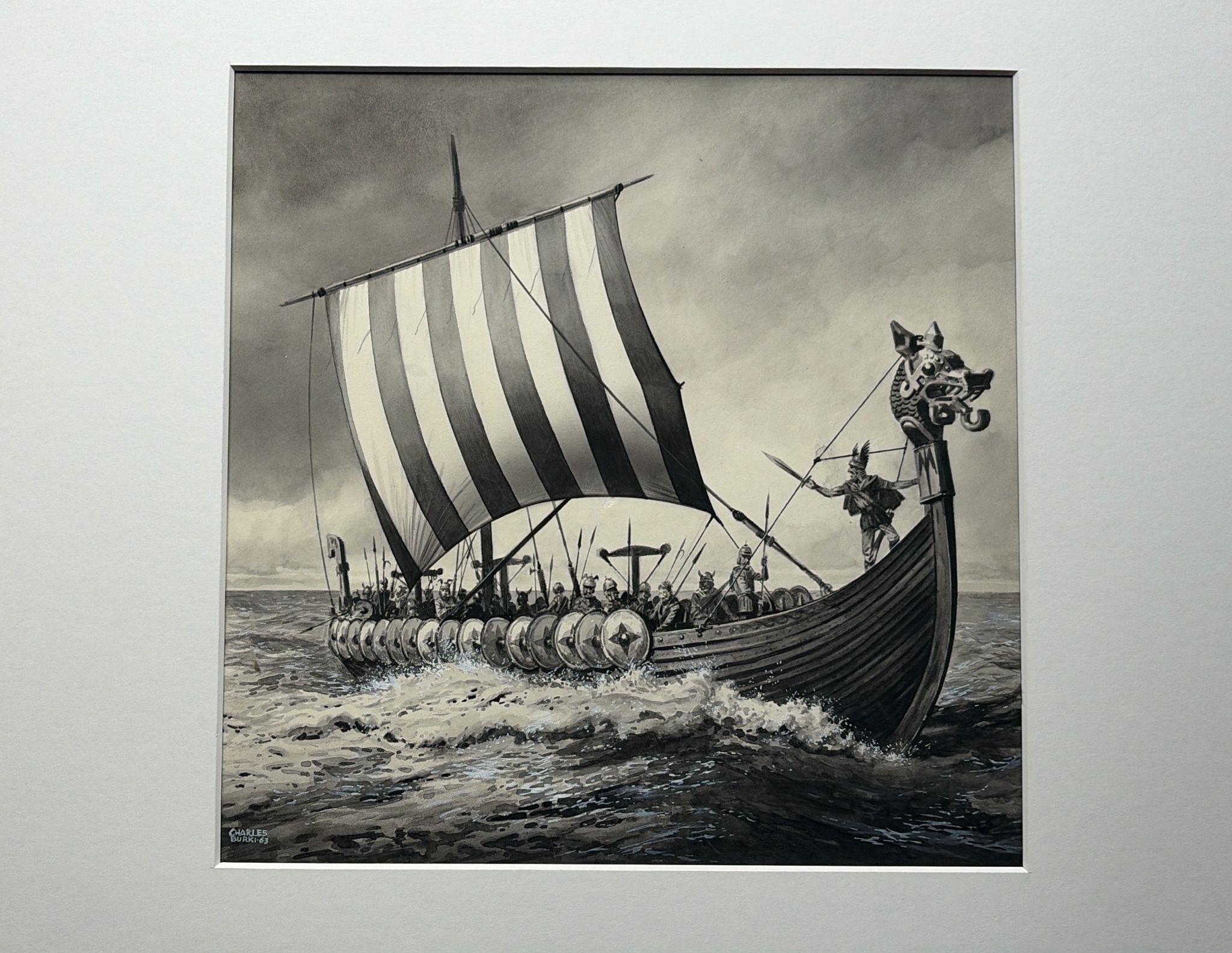 Illustration originale d'un drakkar viking par Charles Burki, 1963 - Dessin à la gouache et à l'encre

Illustration originale à la gouache et à l'encre d'un drakkar viking sous voile, signée et datée 