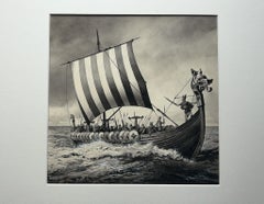 Viking Longship Illustration by Charles Burki, 1963 – Gouache and Ink Drawing