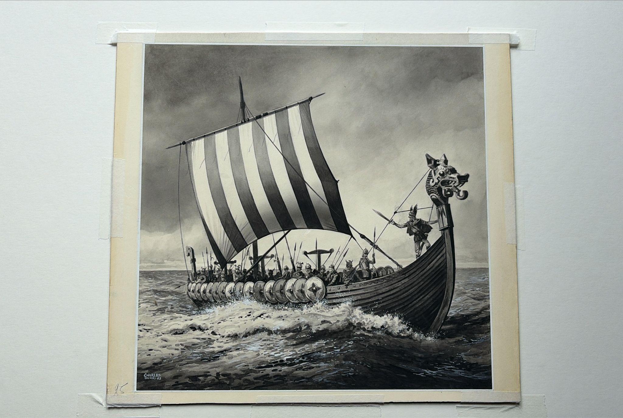 Néerlandais Illustration d'un drakkar viking par Charles Burki, 1963 - Dessin à la gouache et à l'encre en vente