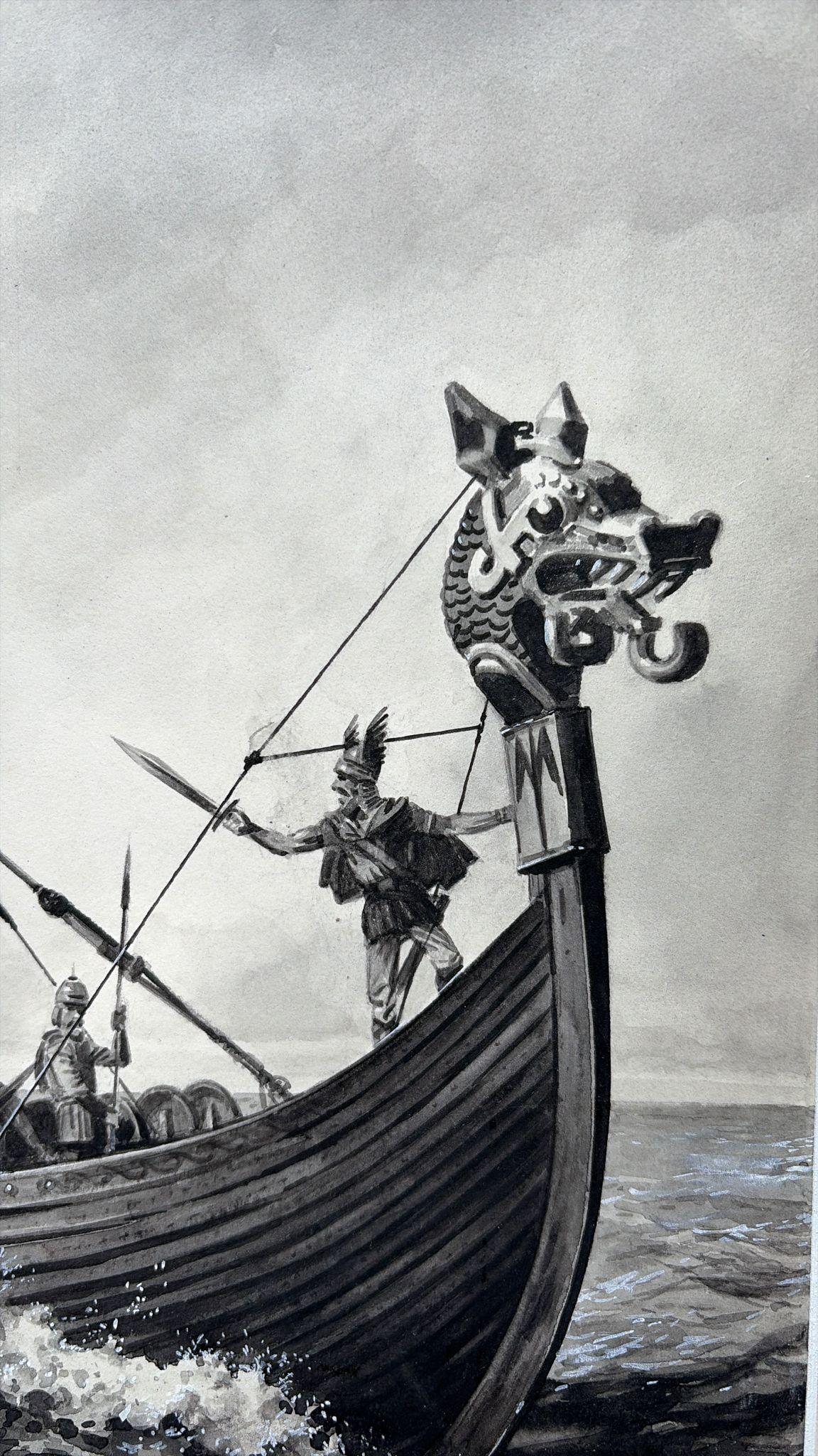 Milieu du XXe siècle Illustration d'un drakkar viking par Charles Burki, 1963 - Dessin à la gouache et à l'encre en vente