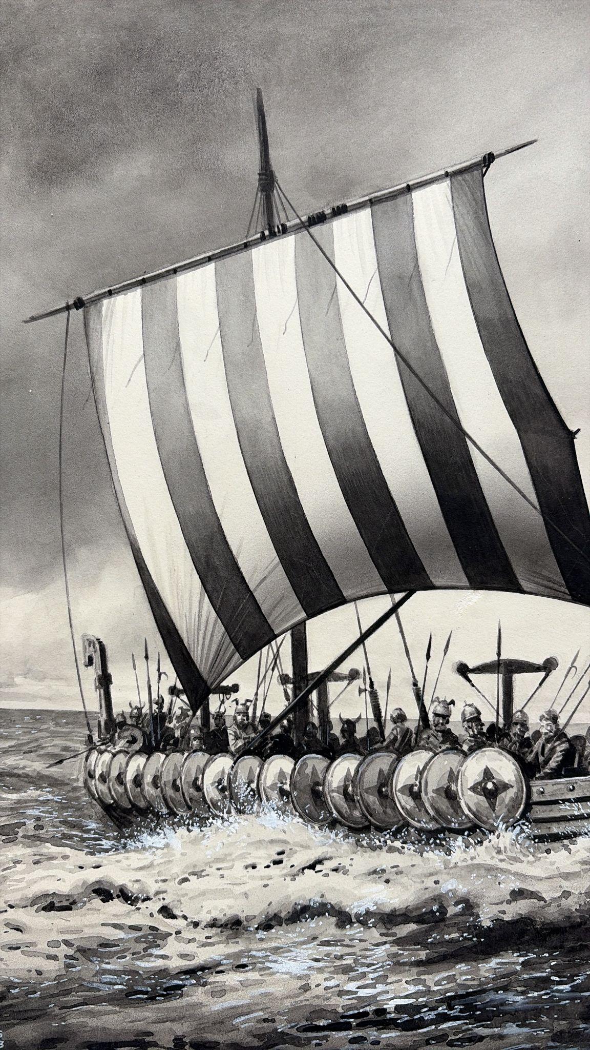 Papier Illustration d'un drakkar viking par Charles Burki, 1963 - Dessin à la gouache et à l'encre en vente