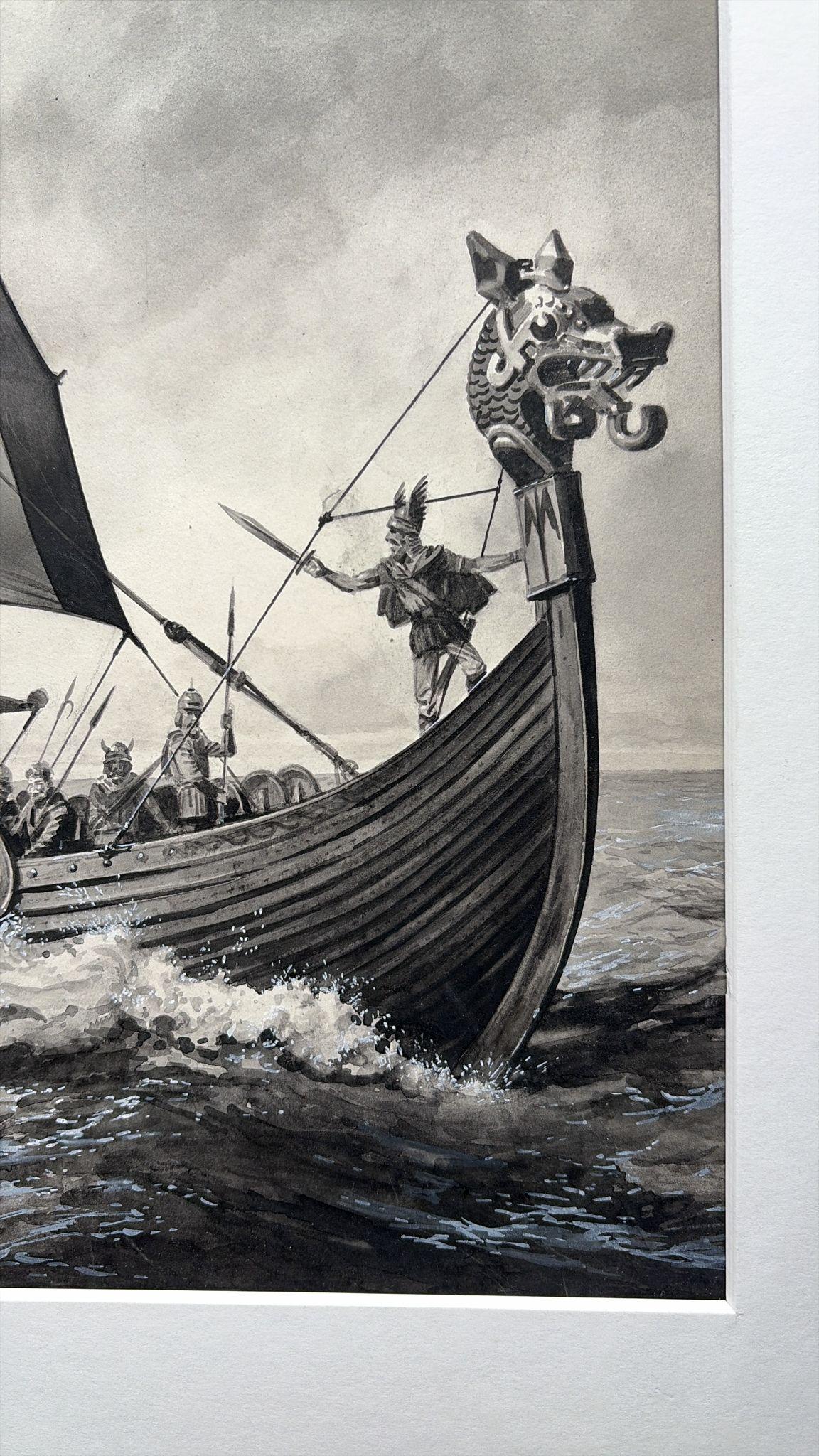 Illustration d'un drakkar viking par Charles Burki, 1963 - Dessin à la gouache et à l'encre en vente 1