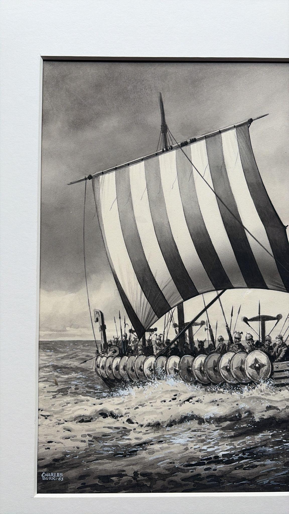 Illustration d'un drakkar viking par Charles Burki, 1963 - Dessin à la gouache et à l'encre en vente 2
