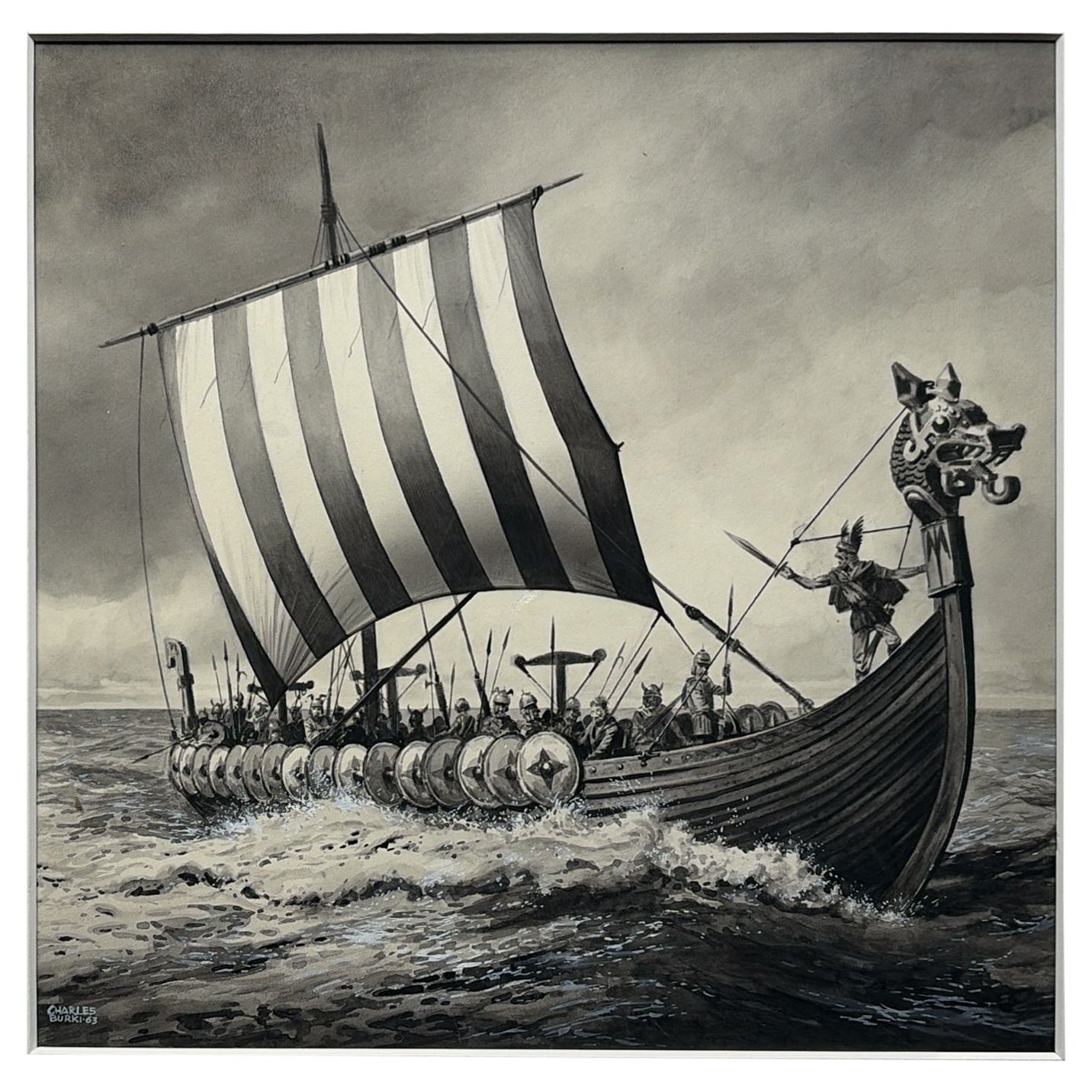 Illustration d'un drakkar viking par Charles Burki, 1963 - Dessin à la gouache et à l'encre en vente