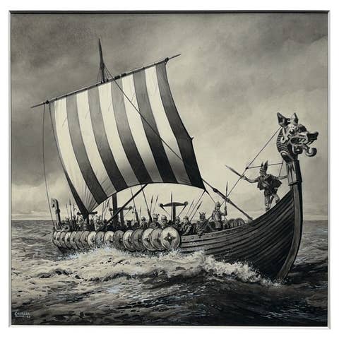 Viking Longship Illustration by Charles Burki, 1963 – Gouache and Ink Drawing