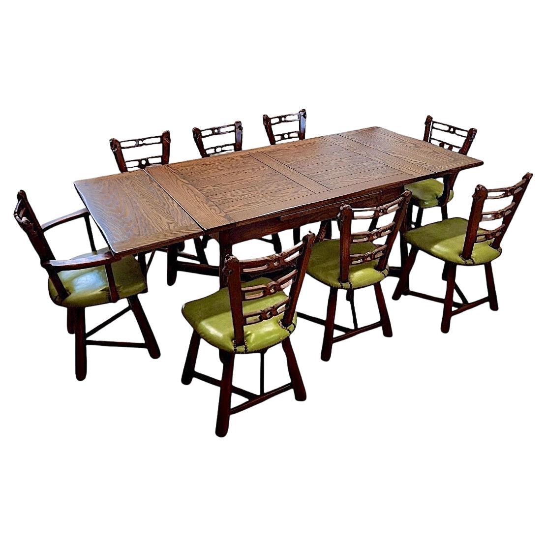 “Viking Oak” Dining Set, A Table with Eight “Horse Head” Chairs For Sale