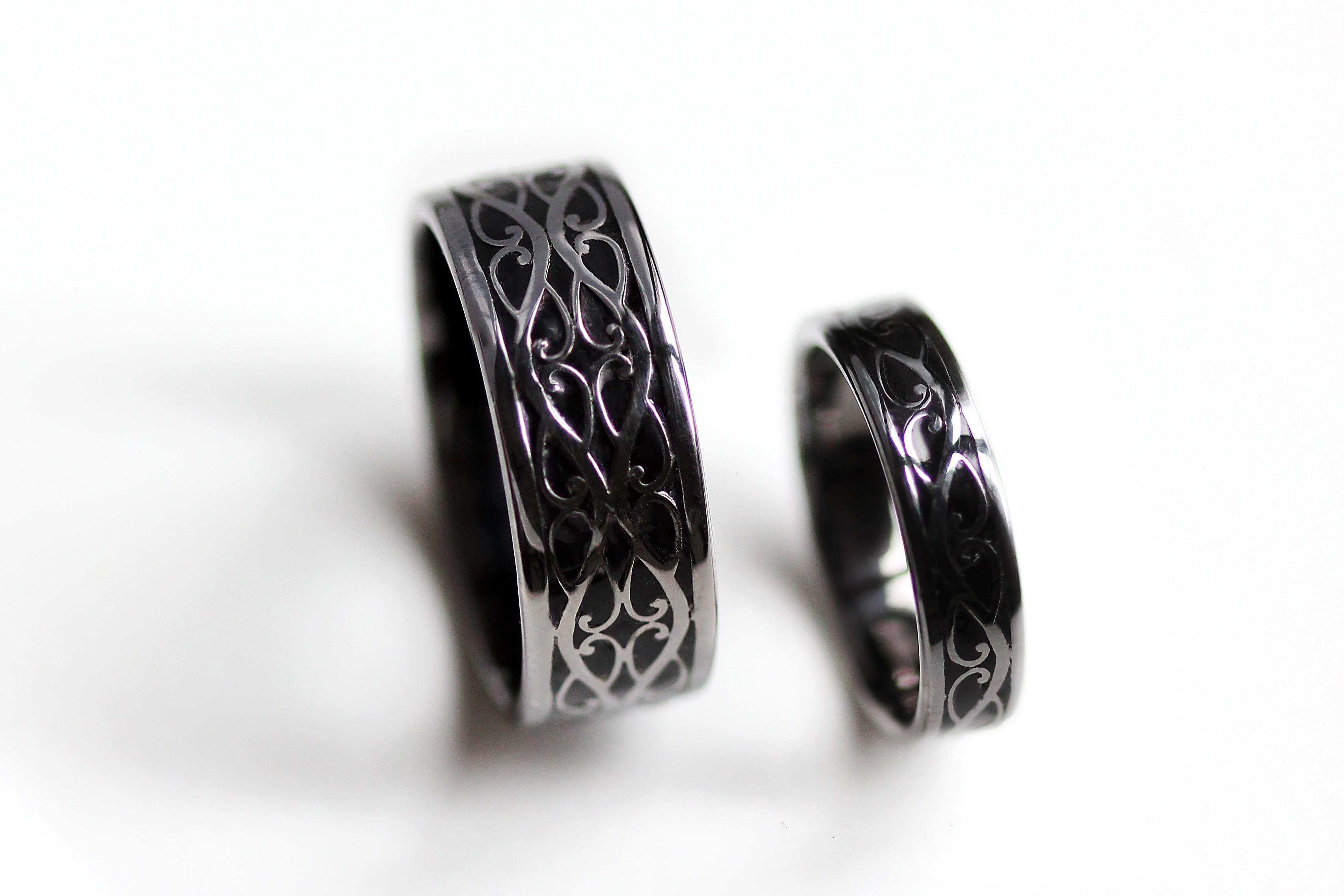 For Sale:  Viking Pattern Black Enamel Textured wedding rings set  2